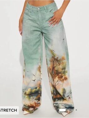 Scenic Swan Print Wide-Leg Pants in Pastel Hues